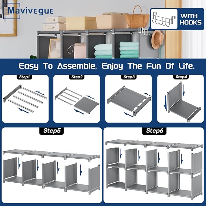 Mavivegue Book Shelf, 16 Cube Storage Organizer, DIY Bookcase, Metal Cube Bookshelf,Tall Book case for Bedroom, Living Room,Office,Closet Storage Organizer, Grey Cubicle Storage Rack