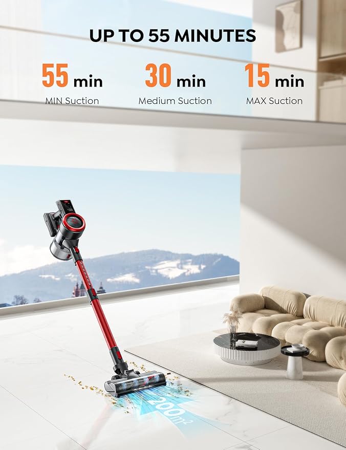 Cordless Cleaner, 450W 38KPA Stick Vacuum with Brushless Motor, Up to 55Mins, Smart Color Touch Display, Rechargeable Cordless Vacuum, Household Handheld Vacuum for Pet Hair/Carpet/Hard Floor