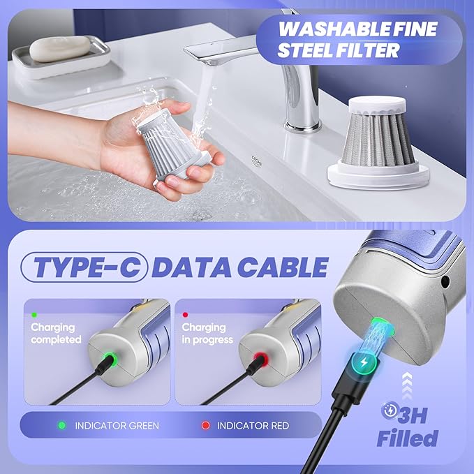 Saker Car Vacuum Portable Cordless 15000PA,3 in 1 Handheld Vacuum with Brushless Motor for Car, Office and Home Cleaning Blue HL107B