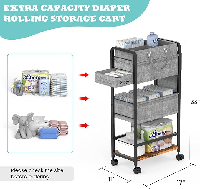 2In1 Baby Diaper Caddy & 4-Tier Rolling Diaper Cart, Diaper Caddy Organizer Cart with Dividers & Drawer, Mobile Metal Bedside Cart for Nursery Essentials Storage, Large Capacity