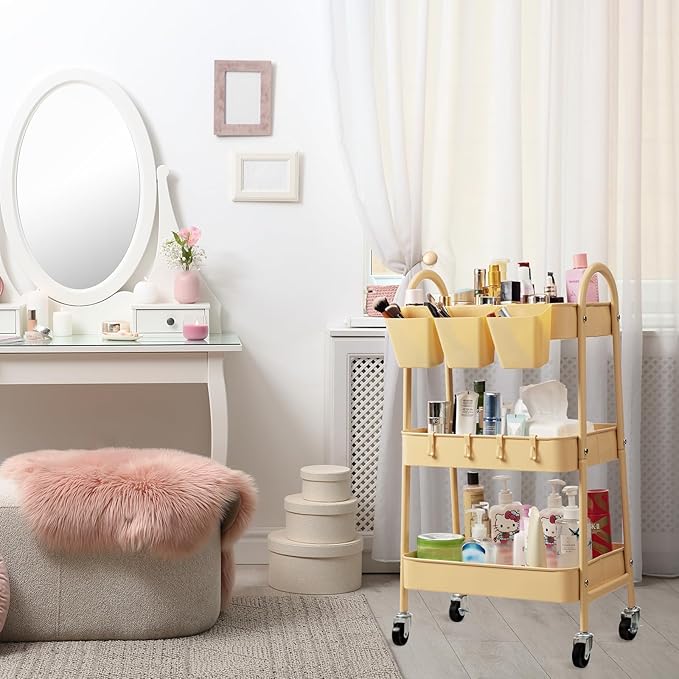danpinera 3-Tier Rolling Cart, Metal Rolling Storage Cart with Lockable Wheels & Hanging Cups & Hooks, Mobile Trolley for Kitchen, Bathroom, Office, Workshop, Yellow