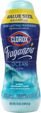 Clorox Fraganzia Laundry Scent Booster Crystals, In-Wash Fragrance Beads for Fresh-Smelling Clothes & Linens, Safe for All Fabrics & Colors, Easy-Pour Bottle, Ocean Scent, 70 Oz