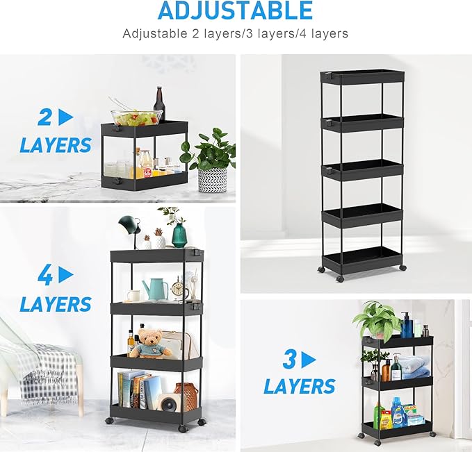 SPACEKEEPER 5-Tier Rolling Cart, Bathroom Storage Organizer Utility Cart, Mobile Shelving Unit Slide Out Shelves for Kitchen Living Room Laundry Room & Dressers, Black