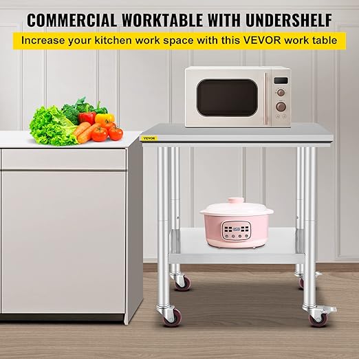 Mophorn Stainless Steel Work Table with Wheels 24 x 30 x 32 Inch Prep Table with 4 Casters Heavy Duty Work Table for Commercial Kitchen Restaurant Business, Silver and Black