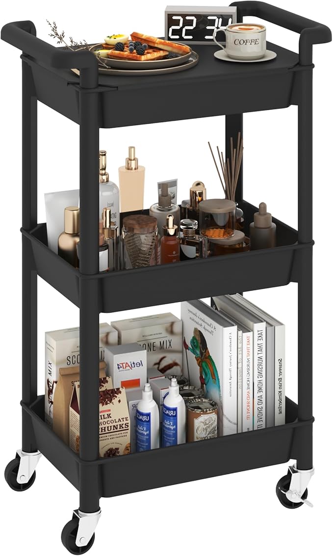 3-Tier Utility Rolling Cart with Cover Top Board, Mobile Utility Cart with Lockable Casters Multi-Functional Storage Trolley for Office, Bathroom, Kitchen, Garden, Laundry Room (Black)