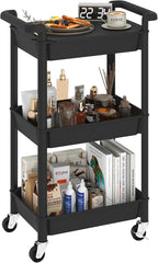 3-Tier Utility Rolling Cart with Cover Top Board, Mobile Utility Cart with Lockable Casters Multi-Functional Storage Trolley for Office, Bathroom, Kitchen, Garden, Laundry Room (Black)
