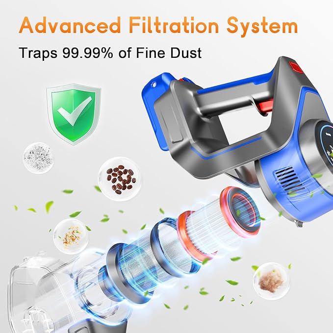 Cordless Vacuum Cleaner for Home - Powerful, 45Kpa Stick Vacuums Lightweight with Detachable Battery Display, Max 45Mins Runtime, 8 in 1 Handheld Vacuum for Hardfloor & Carpets Pet Hair, Y501