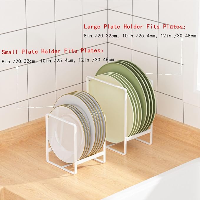 2 Large 1 Small Plate Organizers Holders Upright Cabinet Dish Drying Racks Metal Plate Dish Organizers Racks Stands for Countertop and Cupboard White