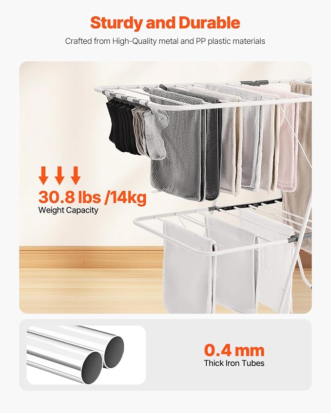 VEVOR Clothes Drying Rack, 2-Tier Foldable Laundry Dryer Rack with Sock Clips & 31 Dry Rods, Metal Height Adjustable Drying Racks for Outdoor & Indoor, Free-Standing & Space-Saving Hanger, White