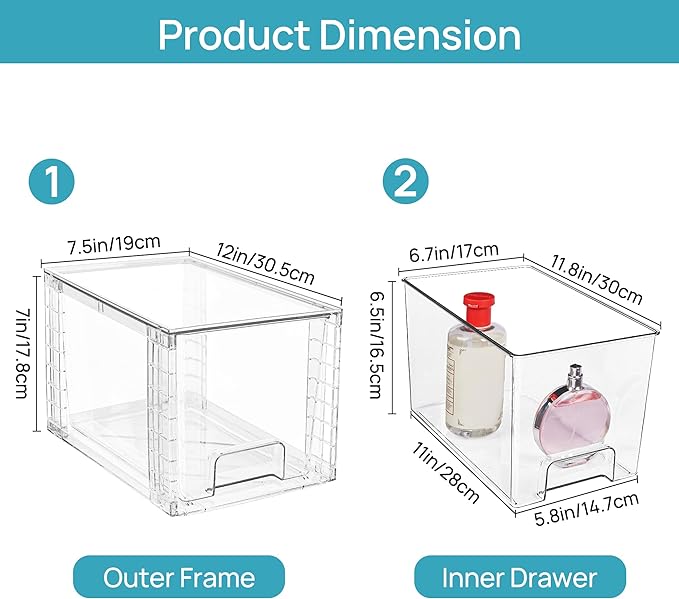 Vtopmart 4 Pack Large Stackable Storage Drawers,Easily Assemble Acrylic Bathroom Closet Undersink Organizers and Storage,Plastic Bins for Kitchen Cabinets,Pantry,Makeup,Medicine Organization