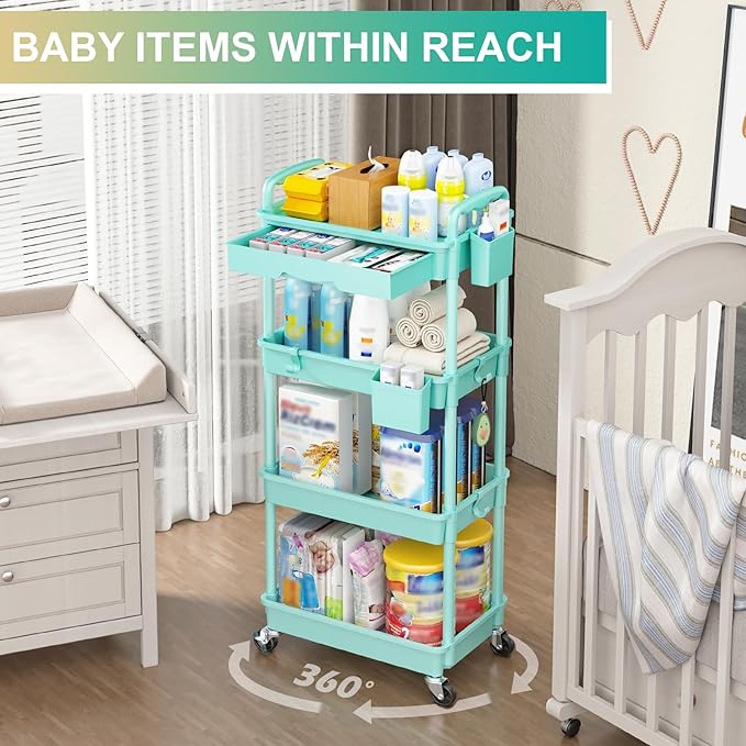 Goovilla 4 Tier Rolling Utility Cart Organizer with Removable Drawer, Stable and Sturdy Blue Rolling Storage Carts with 2 Lockable Wheels for Bathroom, Kitchen, Snack, Craft, Makeup, Baby Essentials