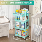 Goovilla 4 Tier Rolling Utility Cart Organizer with Removable Drawer, Stable and Sturdy Blue Rolling Storage Carts with 2 Lockable Wheels for Bathroom, Kitchen, Snack, Craft, Makeup, Baby Essentials