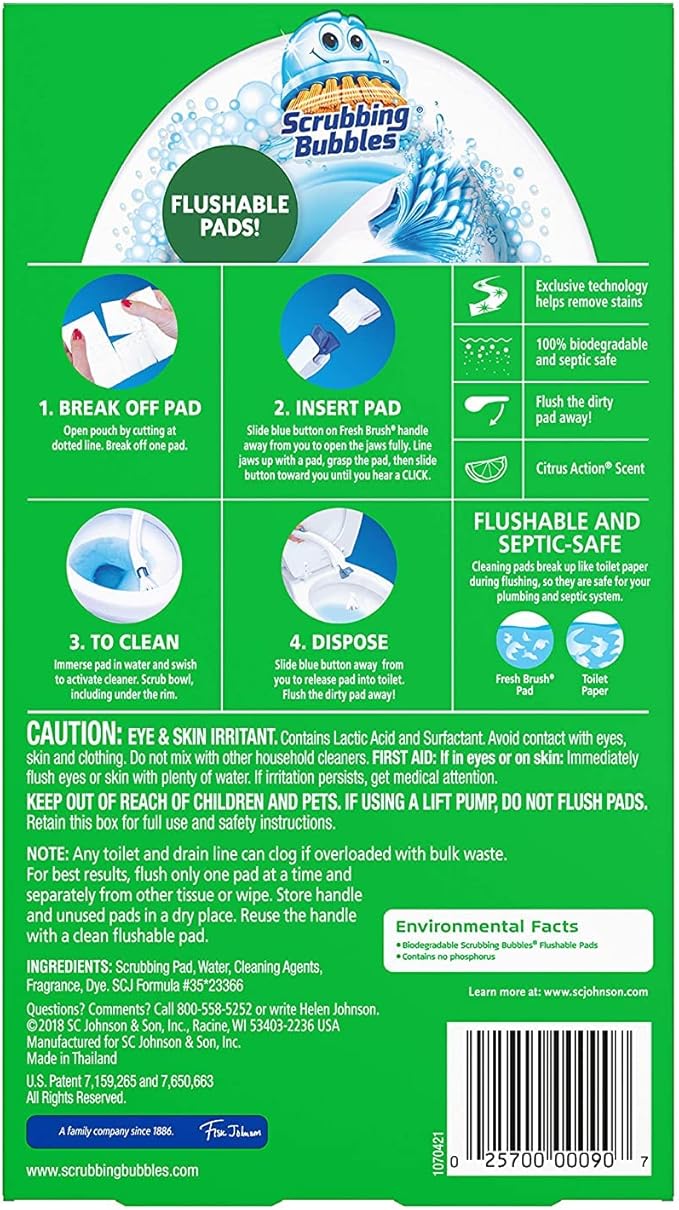Scrubbing Bubbles Flushable Toilet Wand Refills, Fresh Brush Toilet Cleaner Refill Pads, Cleans Limescale & Fights Odors, Citrus Scent, 10 Count, Pack of 4