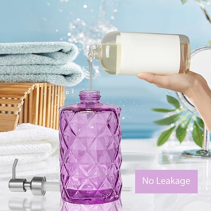 12Oz Purple Glass Soap Dispenser with Stainless Steel Pump, Refillable Kitchen Liquid Hand Soap Dispenser with Diamond Design, for Dispense Hand soap, Dish Soap, Lotion, Bathroom, Countertop, Hotel