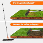Garden Thatch Rake for Lawn, Heavy Duty Metal Thatching rake with Strong Handle, Wide 15inch Iron Dethatcher Rakes for Yard Leaf & Weed Clean, Soil Loose, Grass Groom