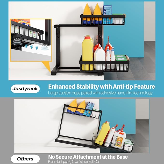 1 Packs 2 Tier Under Sink Organizers, Sliding Pull Out Cabinet Organizer Storage Shelf, Metal Drawer for Kitchen, Bathroom, Pantry Closet Organization Rack,Black