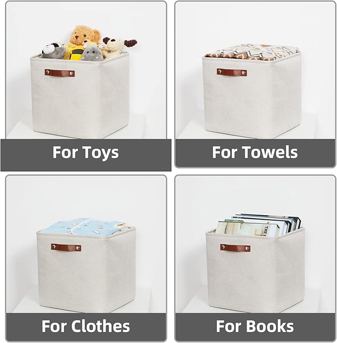 HNZIGE 13x13x13 Cube Storage Bins, Fabric Storage Cubes Baskets for Shelves, Set of 4, Cube Storage Baskets with Handles Foldable Storage Baskets for Organizing Clothes, Toys, Closet, Nursery(Cream)