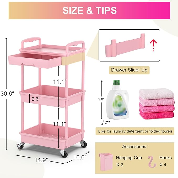 Goovilla 3 Tier Rolling Utility Cart Organizer with Removable Drawer, Stable and Sturdy Pink Rolling Storage Carts with 2 Lockable Wheels for Bathroom, Kitchen, Snack, Craft, Makeup, Baby Essentials