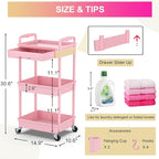 Goovilla 3 Tier Rolling Utility Cart Organizer with Removable Drawer, Stable and Sturdy Pink Rolling Storage Carts with 2 Lockable Wheels for Bathroom, Kitchen, Snack, Craft, Makeup, Baby Essentials