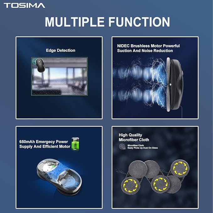 Tosima W3 Window Cleaning Robot - Dual Direction Auto-Spray Smart Window Cleaner with Triple Safety System, Smart Navigation, Remote Control, for All Smooth Surfaces, with 12 Rags, Black