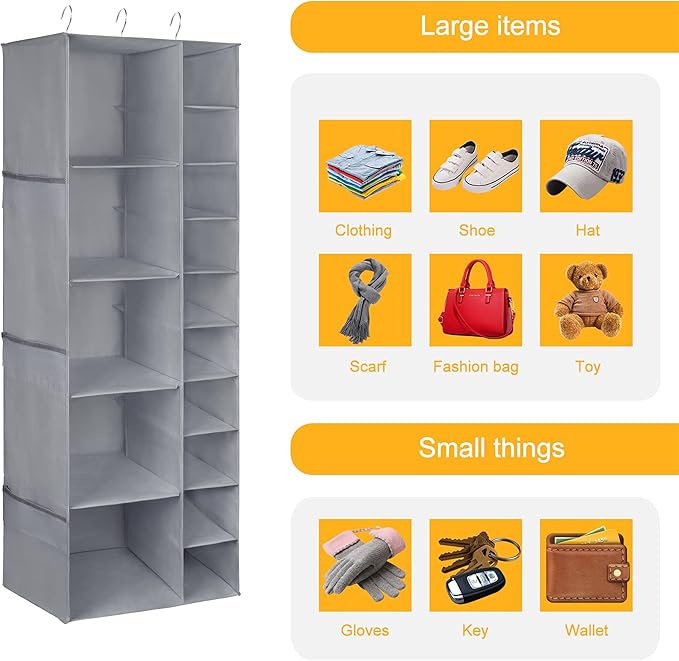 Libeder Shoe Organizer for Closet, 15 Shelf Hanging Closet Storage Shelves - 10 Shoe Rack Organizer and 5 Compartment for Clothes with 6 Side Mesh Pockets for Scarves Socks,Gloves Grey