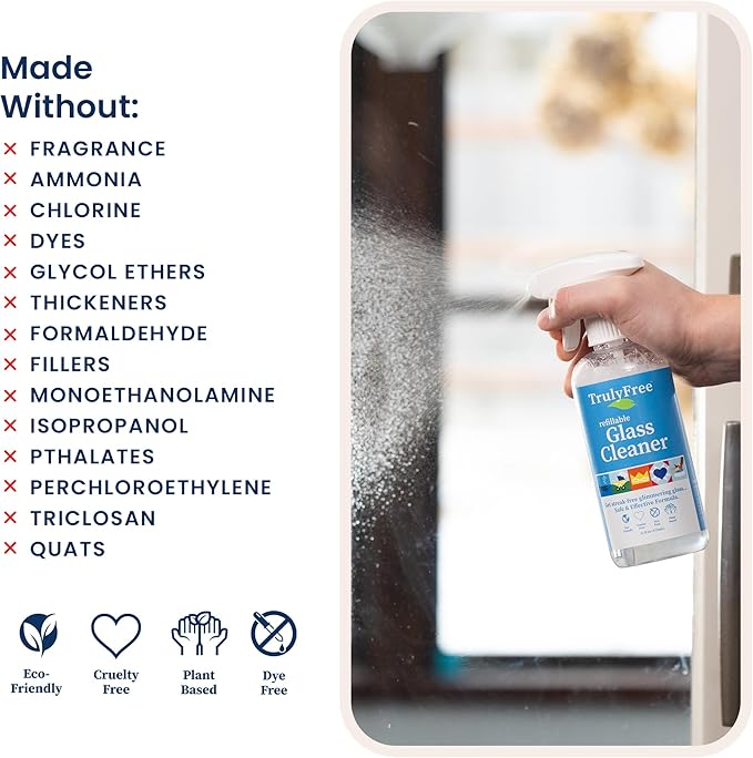 Natural Glass Cleaner - Removes Dirt & Debris for Sparkling Clean Windows & Glass Surfaces at Home, Office & Garage, Includes: 1 Refillable Empty Bottle (16oz) & 2 Refills (3oz ea)