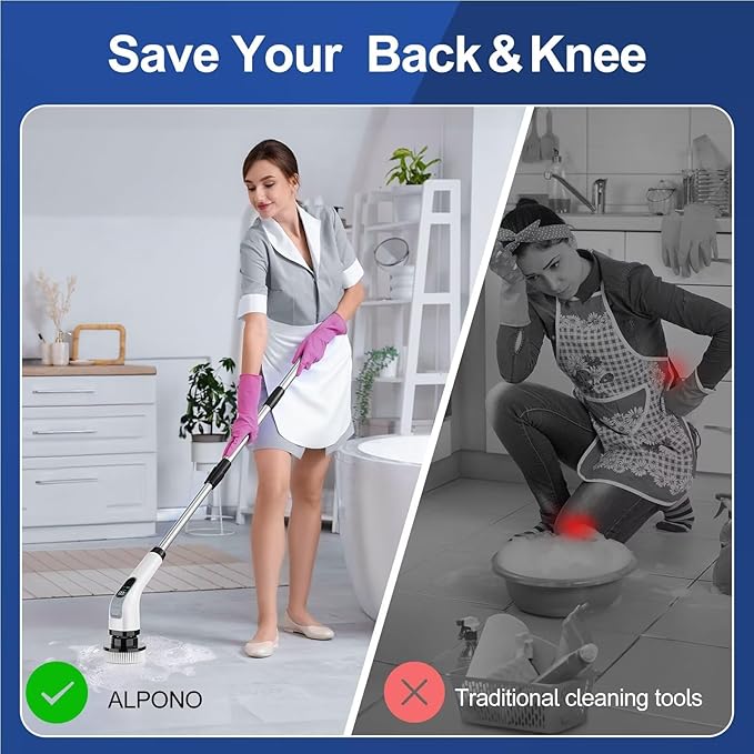 Electric Spin Scrubber with Long Handle: Cordless Power Shower Scrubber - Spin Brush with 7 Brush Replacement Heads for Cleaning Bathroom,Tub, Tile, White, ALPONO-A11