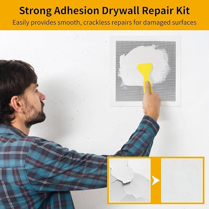yeesport 4 Pcs Drywall Repair Kit, 12×12" Self Adhesive Mesh Patches with 2 Sanding Pads & 1 Scraper, Aluminum Dry Hole Repair Tools, Wall Repair Patch Kit for Ceiling