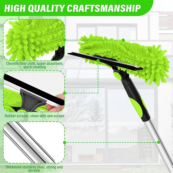 4.5M/14.7ft Window Cleaning Squeegee Tools, 3-in-1 Window Washing Kit with 10 Extension Pole, 2 Microfiber Cloth Brush & Squeegee, Telescopic Window Cleaner Tool for High Window, Car Glass