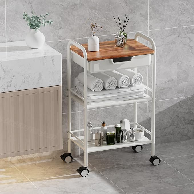 3 Tier Rolling Cart with Drawer, Metal Rolling Storage Cart with Table Top, Modern Utility Cart on Wheels Kitchen Cart Storage Organizer for Bathroom Office Living Room, White