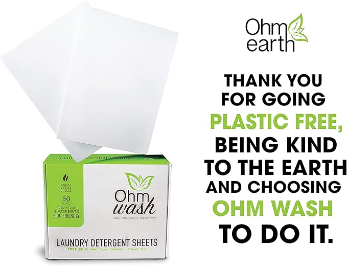 Ohm Earth’s Wash Laundry Detergent Sheets Hypoallergenic & Dye-Free Liquidless Detergent, Fast Dissolving Concentrated Strips Ideal for Sensitive Skin, 50 count (up to 100 Loads) Spring Breeze