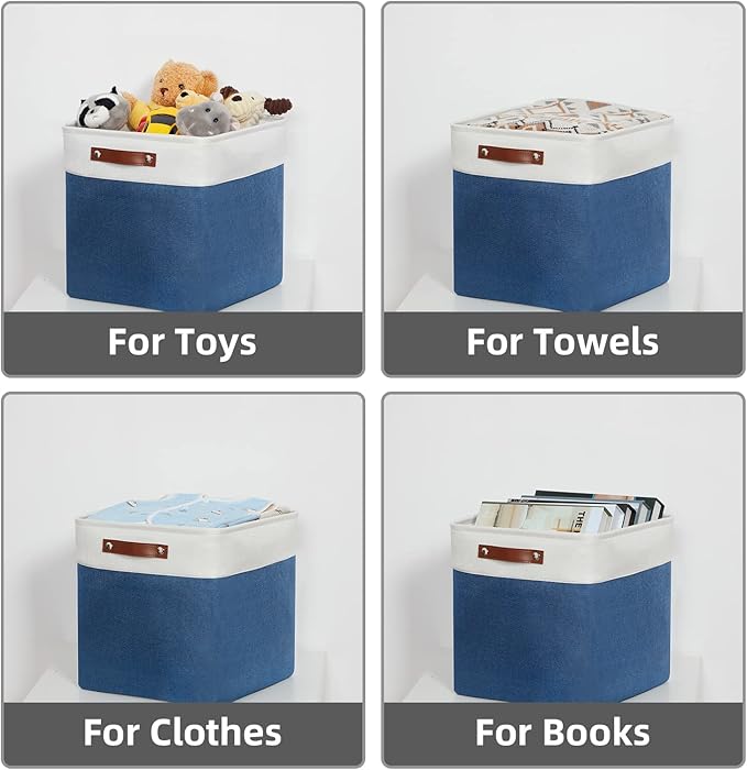 HNZIGE Cube Storage Baskets for Shelves, Fabric Storage Basket with Handles for Organizing Clothes, Toys, 13 inch Cube Storage Bins for Storage Clothes, Toys, Closet, Nursery(Blue White)