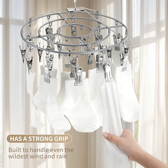 PHYDELU Clothes Drying Rack with 24 Clips， Hanger Sock Underwear Laundry Hangers Hanging Herb Dryer Ropa Socks Clothing Stainless Bras Wet Racks Secar Flower Baby Lingerie Portatil Secador Colgar