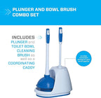 Mr. Clean Toilet Plunger and Bowl Brush Combo with Caddy, 3-Piece Heavy-Duty Plunger, Toilet Brush, and Caddy Set, White/Blue