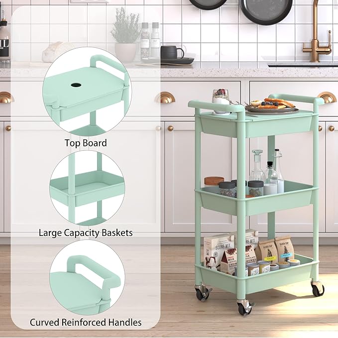 3-Tier Utility Rolling Cart with Cover Top Board, Mobile Utility Cart with Lockable Casters Multi-Functional Storage Trolley for Office, Bathroom, Kitchen, Garden, Laundry Room (Green)