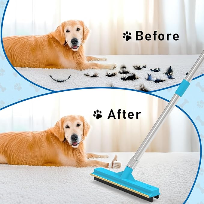 Carpet Rake for Pet Hair Removal Tool, Updated Reusable Pet Hair Remover with 56” Adjustable Long Handle, 2 in 1 Rubber Broom and Carpet Brush Scraper for Rugs, Mats, Couch, Furniture (2pcs)
