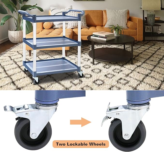 3-Tier Utility Cart With Wheels, Heavy Duty Rolling Restaurant Cart 420lbs, Plastic Bus Cart With Lockable Wheels and Rubber Hammer for Warehouse/Office/Kitchen, Grey