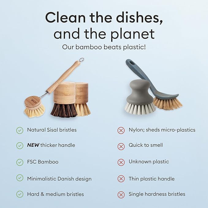 Vove Dish Brush Bundle - FSC-Certified Bamboo Dish Brush & Scrub Brush, 3 Replacement Heads - Natural Fiber Bristles - Non-Toxic, Plastic-Free Kitchen Set