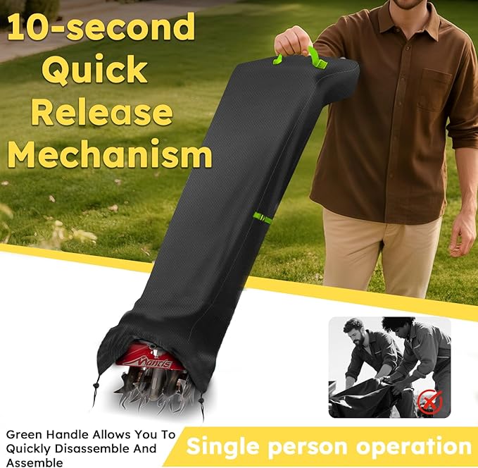Tiller Cover, Rototiller Covers, 420D Silver-Coated Waterproof Fabric, Adjustable Drawstring Hem, Green Handle & Rear Waist Band – Fits Most Tillers (Black, Cordless Tiller Cover)