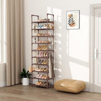 VTRIN 10 Tiers Tall Shoe Rack Holds 20-25 Pairs of Shoes Sturdy Vertical Shoe Organizer with 18pcs Hooks Stackable Narrow Shoe Rack for Closet, Entryway Brown
