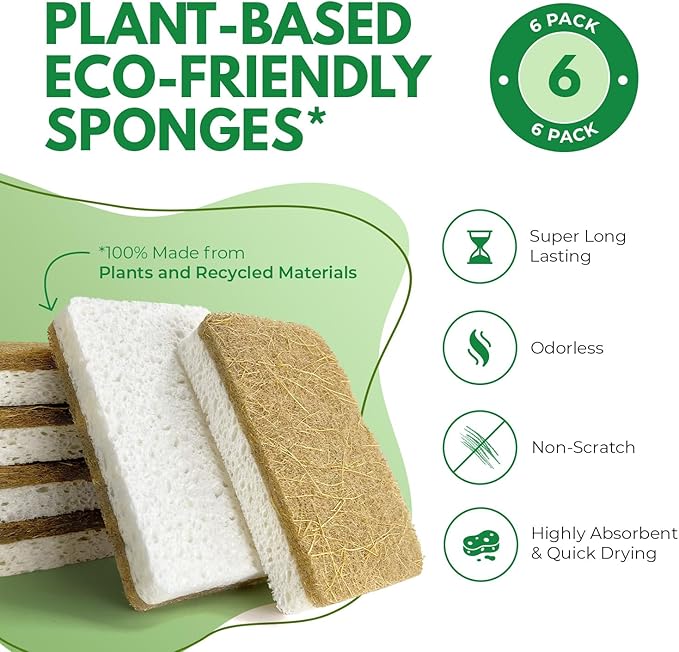 Biodegradable Natural Kitchen Sponges Pack of 6 - Cellulose and Coconut Walnut Scrubber Sponge - Eco Friendly Sponges for Dishes
