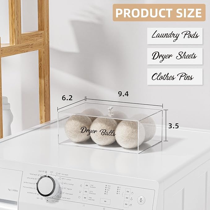 Dryer Ball Holder for Laundry Room ,Acrylic Dishwasher Pods Container with Lid,Dryer Balls Dispenser,Laundry Room Organization and storage Box for Laundry Pods,Clips,Dryer Balls and Sheets (No Balls)