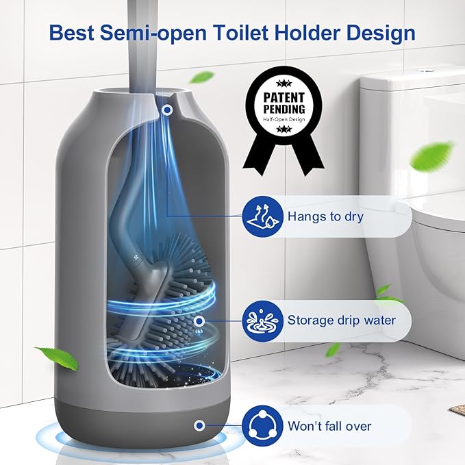 HAMITOR Toilet Bowl Brush Holder Set: Deep Cleaning Silicone Toilet Cleaner Scrubber Under Rim with Curved Bristle for Bathroom Dead Corner Clean - Modern Rv Toilet Decorative Accessories - Gray