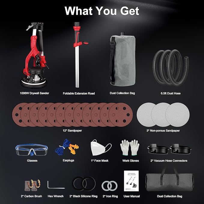 Drywall Sander, 1000W Popcorn Ceiling Removal Tool, Foldable Automatic Drywall Sander with Vacuum Dust Collection, LED Light, 6 Variable Speed 800-2200RPM,15Pcs Sanding Discs (Red）