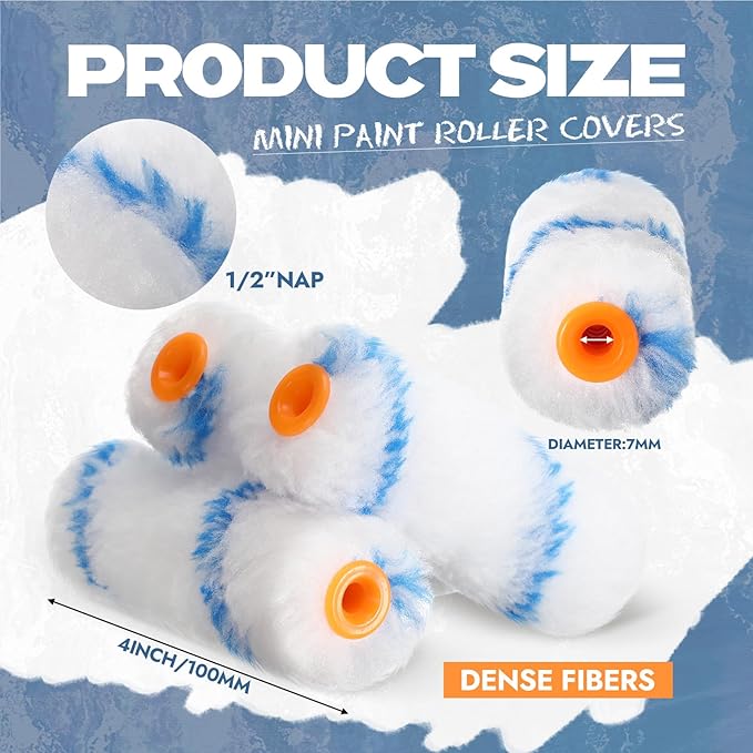 Leumoi 300 Pcs 4 Inch Mini Paint Roller Cover 1/2" Nap Small Microfiber Roller Covers Home Repair Tools House Household Supplies Kit(Blue, White)