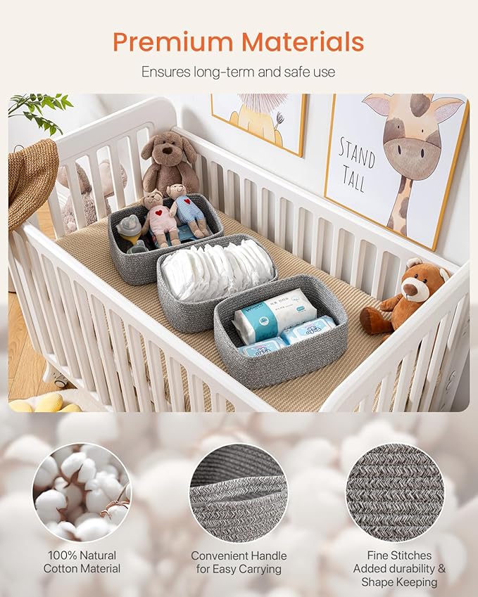 Small Woven Basket, 13.5 x 9.5 x 5 Inches, Storage Basket for Organizing, Cute Small Rope Shelf Closet Cube Storage Bins Baskets for Shelves, Dog Toy Gift Baskets Empty, 3 Packs, Mixed Grey