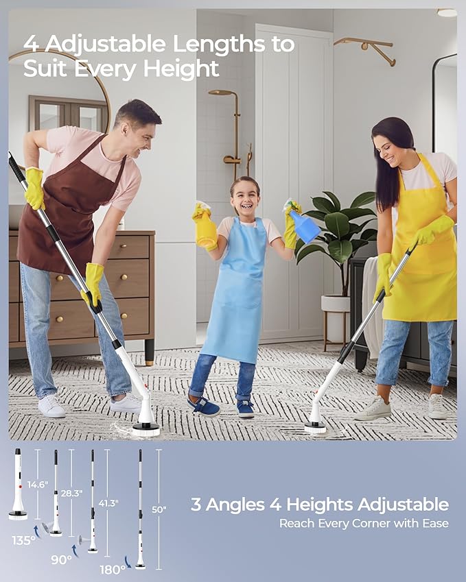 MayKing Electric Spin Scrubber with 9 Brush Heads, 3-Angle & 4-Length Adjustable Cordless Power Scrubber, 3-Speed & Battery LED Display, Electric Scrubber for Cleaning Bathroom Bathtub Floor Tiles