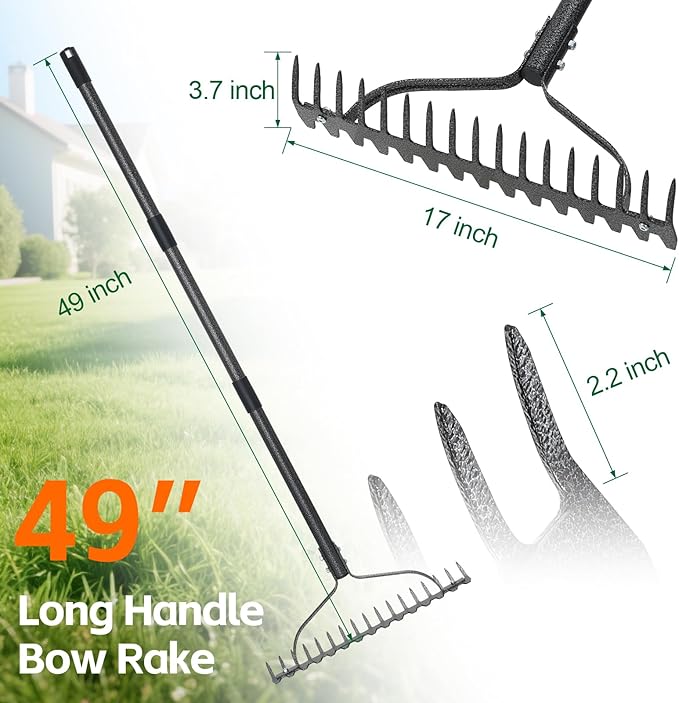 Garden Rake, 63" Adjustable Long Handle Lawn Leveling Bow Rake with 17 Tines, Garden Tool with Heavy Duty Metal for Looseing Soil, Weede Control