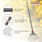 76 Inch Rake for Leaves, Adjustable 18 Metal Tines with Expandable Head Garden Rakes for Lawns Heavy Duty Metal Rake for Leaves Yard Gardening Grass Outdoor Debris