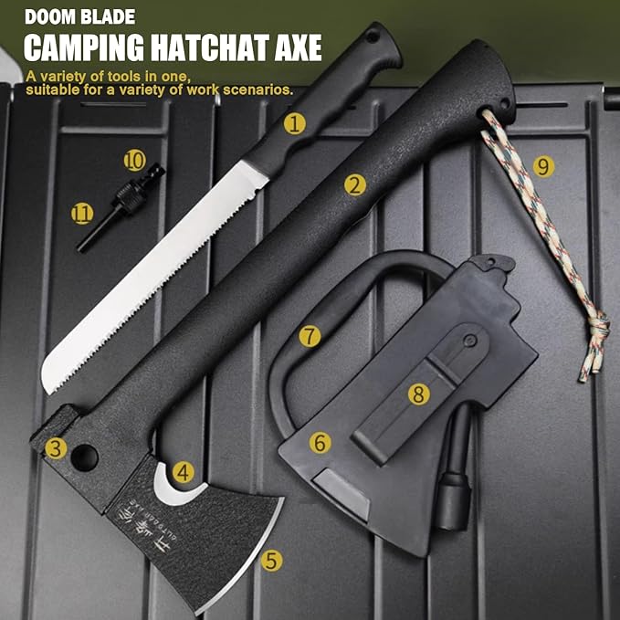 DOOM BLADE Camping Hand Axe with Sheath and Survival Gear - Lightweight Hatchet with Nested Serrated Wood Saw Knife and Magnesium Fire Starter Tools